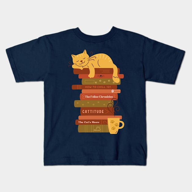 Catnap on Book stack Kids T-Shirt by medimidoodles